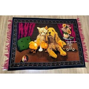 Vintage Tapestry Wall Hanging Cat Dog Chick Made In Turkey 51 X 40 Inches READ